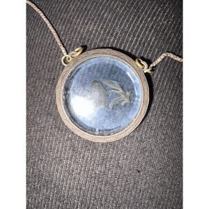 Vtg Nouveau Intaglio Reverse Carved Glass Floral Pendant Necklace ST Silver